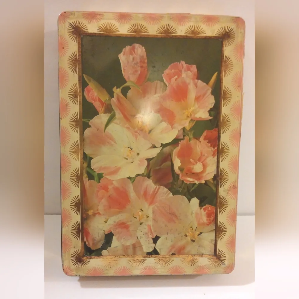 Vintage Floral Tin Box with Pink and Gold Design